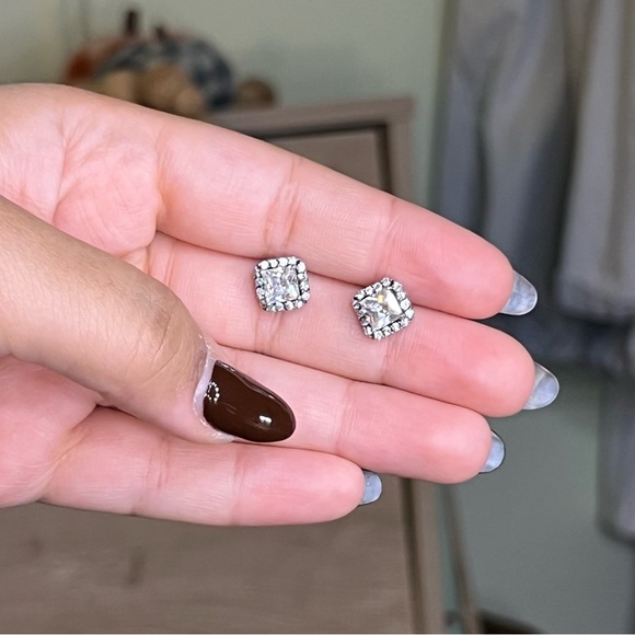 Princess Cut CZ Diamond Square Halo Studs Dainty Small Earrings Jewelry Accessor - Picture 14 of 16